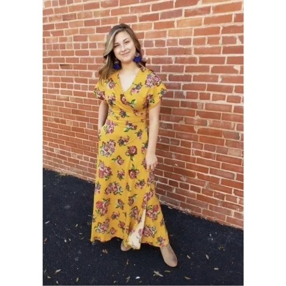 Matilda Jane Alana Jersey Knit Floral Maxi Wrap Dress Mustard Women's Small - Picture 3 of 12